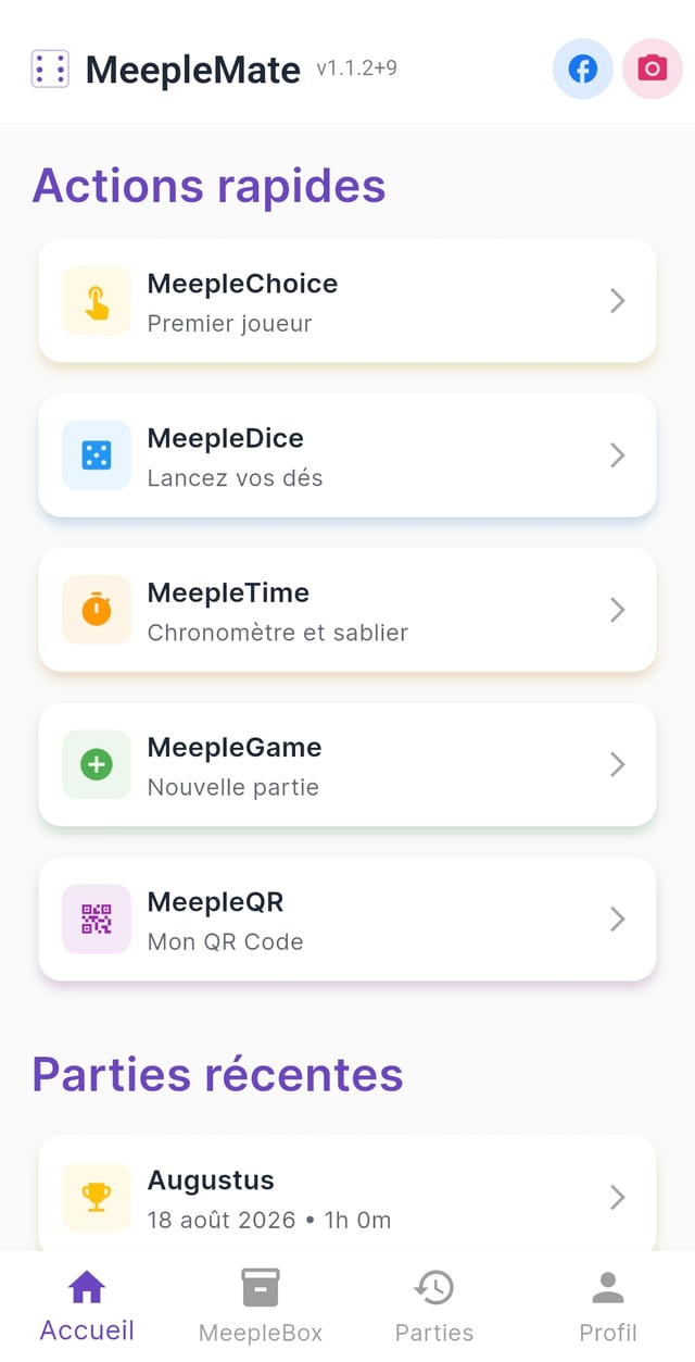 Écran d'accueil de Meeplemate avec les actions rapides